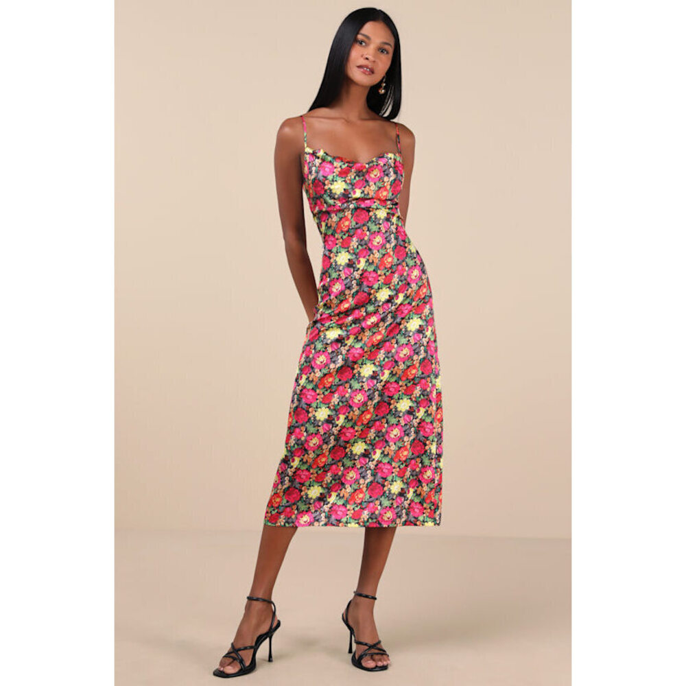 Lulus Favorite Icon Black Multi Floral Satin Cowl Neck Slip Midi Dress - Size S